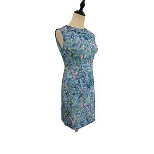 Vtg 60s Mod Shift Dress Floral Satin Sleeveless Peter Pan Collar Blue Pink Green